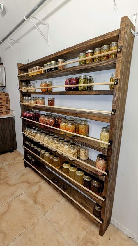 Canned Storage Pantry, Mason Jar Cabinet Organization, Ikea Pantry Shelf, How To Build Pantry Shelving, Jar Storage Pantry, Garage Food Storage Organization, Rustic Kitchen Organization Ideas, Basement Canning Storage, Homestead Pantry Organization