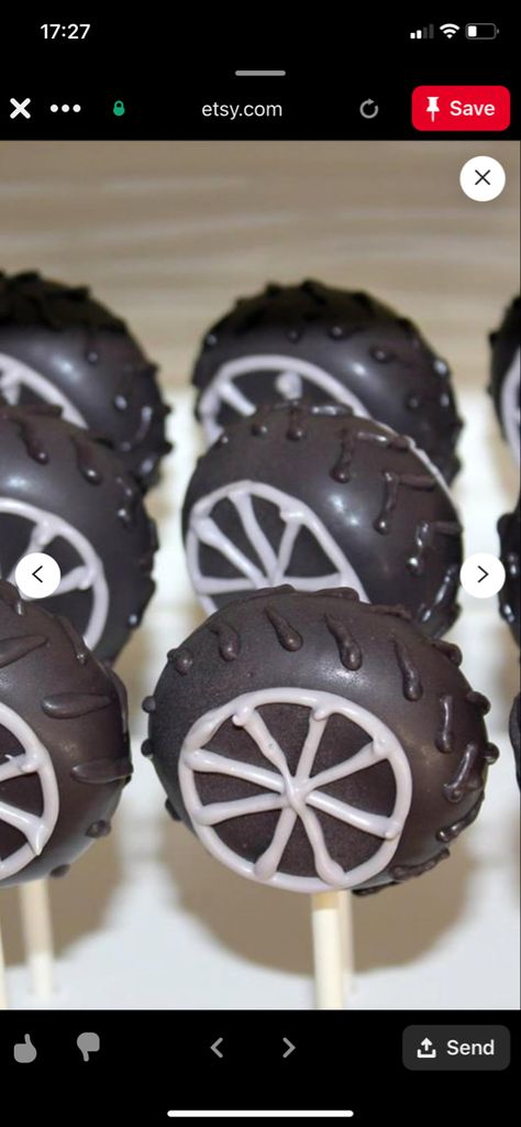 Tire Chocolate Covered Oreos, Gear Shift Cake Pops, Monster Truck Treat Table, Hot Wheels Desserts, Car Themed Treats, Tire Cake Pops, Monster Truck Desserts, Monster Truck Treats, Monster Truck Cake Pops