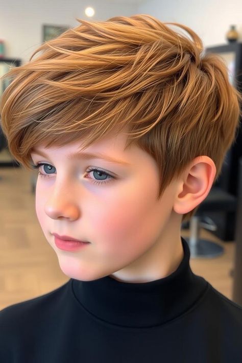 Warm Chestnut Sweep, trendy haircut for young boys, Youthful Hairstyle for Tween Boys Hair Designs For Boys, Tousled Layers, Youthful Hairstyles, Boy Haircuts Long, Male Faces, Short Hair Tomboy, Boy Haircuts, Boys Hair