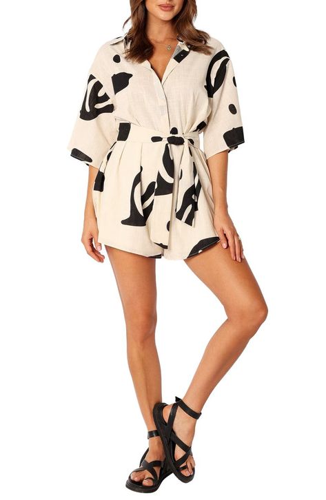 Petal & Pup Kellie Abstract Print Cotton Romper | Nordstrom Petal And Pup, Cotton Romper, Clothing Details, Printed Rompers, Vacation Outfits, Outfit Details, S Models, Waist Tie, Abstract Print