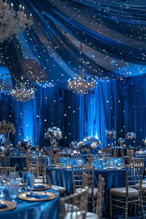 Star Wedding Reception, Night Sky Wedding Decor, Starry Night Quince Theme, Starry Night Wedding Decor, Stary Night Quince, Quinceanera Themes Starry Nights, Starry Night Debut Theme, Sweet 16 Decorations Blue, Sky Wedding Theme