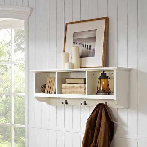 Crosley Brennan Entryway Storage Shelf - White | from hayneedle.com Entryway Storage Shelf, Store Hats, Hanging Storage Shelves, Wood Assembly, Cubby Shelves, White Shelf, Coat Rack Shelf, Display Photos, Cubby Storage