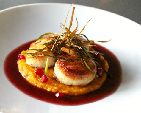 Scallops with Pomegranate Beurre Blanc - Coley Cooks Gourmet Food Plating, Squash Puree, Seafood Entrees, Scallop Recipes, Fine Dining Recipes, Scallops Seared, Seafood Dinner, Tasting Menu, Seafood Dishes