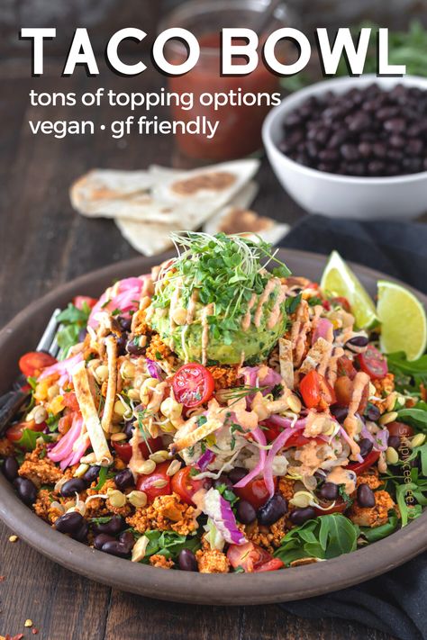 Vegan Taco Bowl Recipes, Plant Based Taco Bowl, Taco Salad Vegetarian, Vegan Taco Bowl, Vegan Salad Bowl, Tofu Crumbles, Vegan Bowl Recipes, High Protein Recipes Dinner, Spicy Vegan Recipes