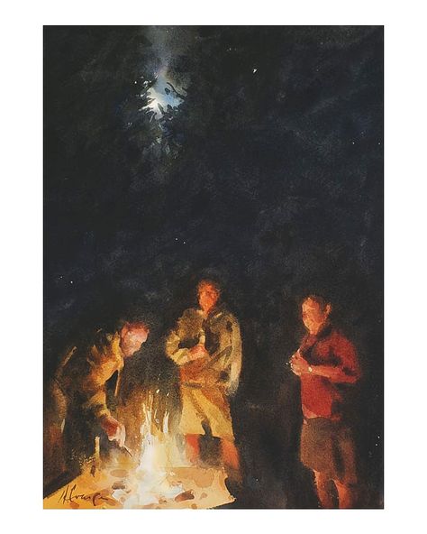 Andy Evansen,     Nocturne demo, "Campfire Moon", watercolor Campfires Photography, Andy Evansen, Moon Watercolor, Scene Drawing, Watercolor Sunset, Watercolor Mountains, Painting People, Fire Art, Landscape Artwork