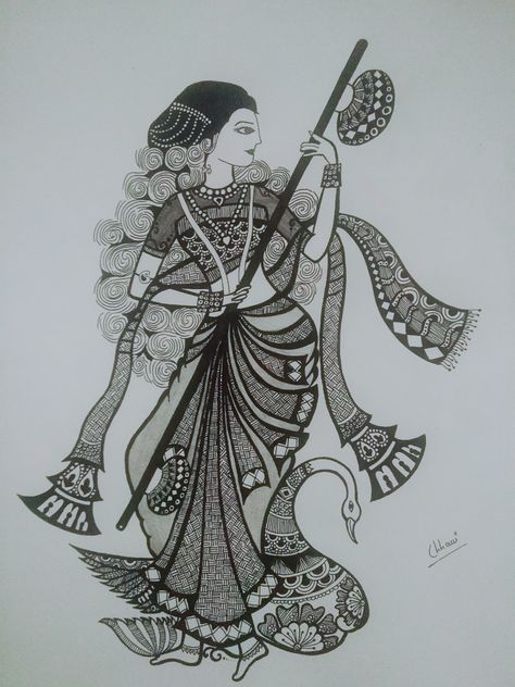 Religion Drawing, Pencil Art Projects, Saraswati Mata, God Pic, Colored Pencil Art Projects, Mother Painting, Drawings To Try, Drawing Scenery, Pen Art Work