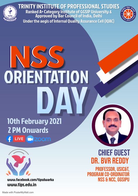 Trinity Institute of Professional Studies is organising NSS Orientation Programme on 10th Feb 2021, 2.00 pm onwards. Chief Guest Dr.BVR Reddy Prof, USIC&T, Program Co- Ordinator NSS & NCC, GGSIPU will inaugurate the programme. To welcome our students in NSS Join us virtually on Facebook LIVE on www.facebook.com/tipsdwarka Join us on Zoom https://us02web.zoom.us/meeting/register/tZ0rd-mqrTkuH9SmrUNWXCEVFVxZL8t6khkM For more details Contact Lt.Dr.Anitha.G Associate Professor, NSS Program O Orientation Poster, Orientation Day, Facebook Live, 10 Things, Pins, Quick Saves