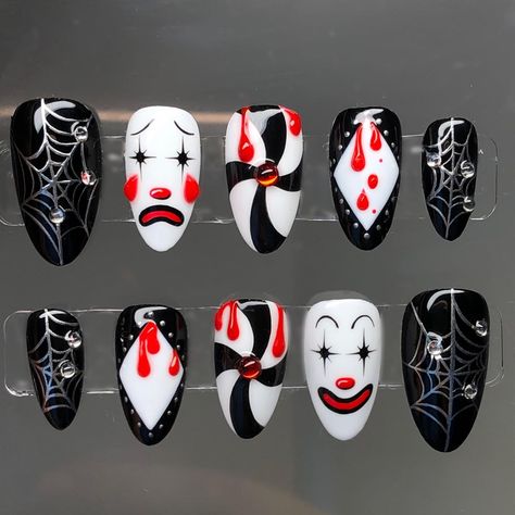 This set was SO fun!! My client wanted clown nails with a little Halloween carnival vibe to it ✨👻 my favorite nail has to be the chrome spiderwebs! All nails are fully customizable, hand painted, and reusable! ✨ Inspo @thenailritual #pressonnails #clownnails #halloweennails Circus Theme Halloween, Terrifier Nails, Clown Nail Art, Clown Nails, Circus Nails, Halloween Nail Design, Cool Makeup Looks, Nails Halloween, Halloween Nail Designs