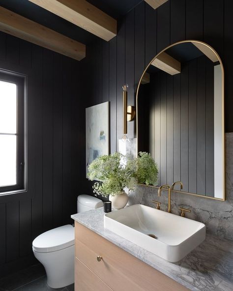 powder room • Instagram Dark Powder Room Ideas, Shiplap Room, Modern Powder Room Design, Moody Powder Room, Powder Bathroom Ideas, Black Powder Room, Black Shiplap, Powder Room Lighting, Modern Powder Room