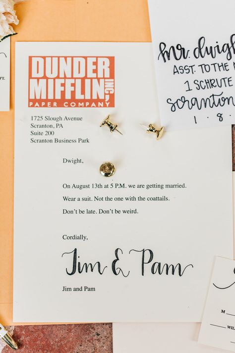 This Office-Themed Wedding Deserves ALL of Michael Scott's Dundies Office Wedding Ideas, Office Theme Bridal Shower Ideas, The Office Bridal Shower Ideas, The Office Wedding Invitation, The Office Themed Bridesmaid Proposal, The Office Themed Wedding, The Office Wedding, Office Themes, Office Memes