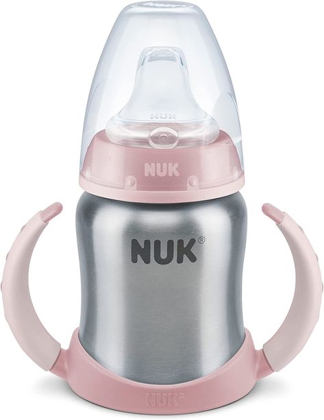 NUK Learner Cup Drinking Bottle, 6-18 Months, Stainless Steel, Leak-Proof, Anti-Colic, BPA-Free, 125 ml, Pink : Amazon.co.uk: Baby Products Kids Drink Bottles, Toddler Sippy Cups, Anti Colic Bottles, Industrial Design Portfolio, Pink Amazon, Kid Drinks, Drinking Bottle, Stainless Steel Cups, Sippy Cup