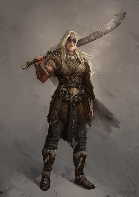 Dnd Norse Character, Winter Barbarian, Viking Concept Art, Viking Female Warrior, Barbarian Outfit, Barbarian Woman, Viking Character, Medieval Fantasy, Dnd Characters