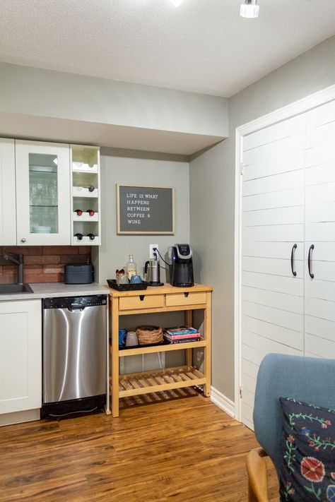 Basement Kitchenette Reveal | House by the Bay Design Kitchette Ideas Basements, Kitchenette No Sink, Guest House Kitchenette, Diy Kitchenette, Renovated Basement, Ikea Kitchen Cart, Small Basement Kitchen, Basement Kitchenette, Large Fridge