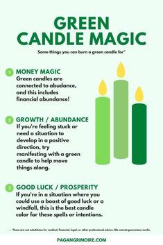 Green Candle Magic, Candle Meanings, Money Spells Magic, Candle Color Meanings, Candle Meaning, Candle Magic Spells, Money Spells That Work, Good Luck Spells, Easy Spells