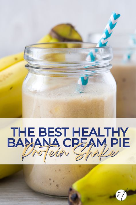 Banana Cream Pie Protein Shake Oatmeal Cream Pie Protein Shake, Banana Cream Pie Protein Shake, Healthy Banana Cream Pie, Banana Creme Pie, Banana Protein Shake, Healthy Protein Shakes, Daily Protein, Banana Pie, Oatmeal Cream Pies