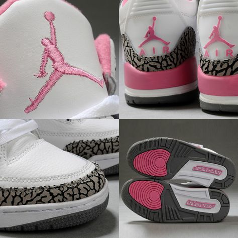 Women Air Jordan 3 Retro White Pink Cement Grey ($71) ❤ liked on Polyvore featuring shoes, jordans, pink white shoes, grey shoes, pink shoes, retro shoes and air sole shoes Trendy Shoes Sneakers, Nike Shoes Girls, Jordan Shoes Girls, Jordan Shoes Retro, Pretty Shoes Sneakers, All Nike Shoes, Jordan 3 Retro, Air Jordan 3 Retro, Cute Nike Shoes