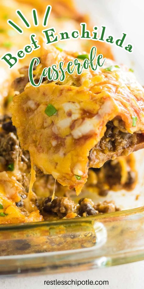 This easy beef enchilada casserole recipe has layers of ground beef, cheese, black beans, & corn tortillas covered with red enchilada sauce then baked to gooey perfection. It's a family favorite! Ground Beef Enchilada Casserole, Beef Enchilada Casserole, Casserole Beef, Easy Mexican Casserole, Easy Beef Enchiladas, Beef Enchilada Recipe, Ground Beef Enchiladas, Beef Enchilada, Mexican Casserole Recipe