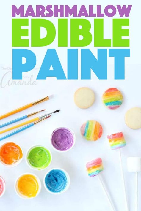 This colorful marshmallow edible paint takes minutes to whip up and can be used to decorate cookies, marshmallows, bread, and even plain old paper. #marshmallow #ediblepaint #kidscrafts #kidsactivities #kidspaint #cookiedecorating #adultcrafts #painting Rainbow Painting For Kids, Marshmallow Paint, Kid Friendly Cookies, Homemade Paint, Food Activities, Edible Crafts, Edible Paint, Rainbow Paint, Rainbow Painting