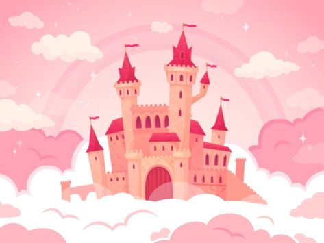 Nursery Princess, Castle Cartoon, Castle Parts, Pink Clouds Wallpaper, Girls Room Wallpaper, Pink Cartoon, Fairy Castle, Magic Land, Pink Castle