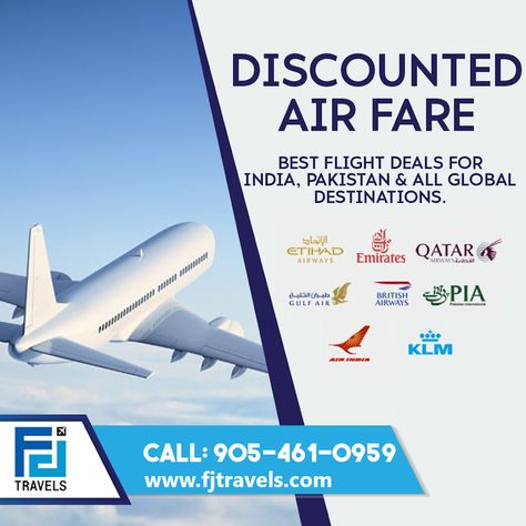 At FJ Tour & Travels, We've Covered You When it Comes to Value Travel & the Cheapest Flights. Browse Our Options to Get the Best Deals on Airline Tickets, No Matter Where You’re Headed. For Booking & More Details Contact: Call: 905-461-0959 #FJTravel&Tours #TravelWithFJ #WorldTour #LoveTourism #TravelWithConfident #CheapTravelingPackages #VisitYourDestination #TravelCanada #AmazingDiscount #HAJJPackages #EconomyPackage #FiveStarPackage #TravelWithEase Travel Advertising Design, Travel Template, Best Flight Deals, Airline Ticket, Cheapest Flights, Travel Advertising, Boeing Aircraft, Flight Deals, Air Cargo