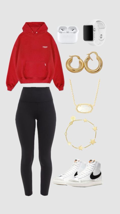 ❤️Red outfit ❤️ Red Comfy Outfit Aesthetic, Preppy Outfits Red, Valentines Outfit For School, Cute Red Outfits Aesthetic, Red Top Outfit Winter, Red Gym Outfit, Nike Blazer Fits, Outfit For Trip, Cute Red Outfits