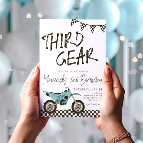 Third Gear Birthday Invitation Template | Editable Dirt Bike 3rd Birthday Invite | Racing Third Bday S479 Motorcycle 3rd Birthday Ideas, Motorcycle 3rd Birthday, Shifting Into 3rd Year, 3rd Gear Birthday Party For Boy, Third Gear Birthday Party, Three Birthday Theme Boy, Third Birthday Theme Boy, Third Birthday Theme, Dirt Bike Birthday Party