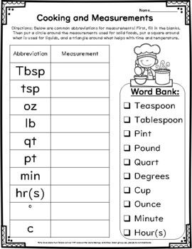 This is a fun way to practice life skills, executive functioning and fractions! Fill in common cooking abbreviations and let the student use this to help him/her fill out the recipe below. For a challenge, use this chocolate chip recipe to practice cooking in the kitchen! Homeschool Cooking Lessons, Fun Cooking Activities For Kids, Cooking Abbreviations, Elementary Life Skills Activities, Homeschool Life Skills, Abbreviations Worksheet, Fun Homeschool Activities, Life Skills For Teens, Life Skills Worksheets