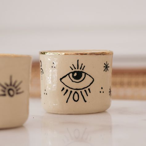 Evil Eye Design Ceramic Mug, Good Luck Pottery Tumbler, Gold Design Coffee Mug, Personalized Mug, Ceramic Cup Evil Eye Pottery, Pottery Tumbler, Eye Ceramic, Eye Motif, Eye Designs, Pottery Inspo, Evil Eye Design, Ceramic Tumbler, Good Luck Gifts