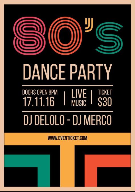 Retro 80's Dancing Party Invitation Retro Invitation Card Design, Retro Dance Party, 80s Invitation Template Free, 80s Party Invite, 80s Invitation Ideas, 80s Party Poster, Retro Invitation Design, 1980s Party Invitations, 80s Party Invitations