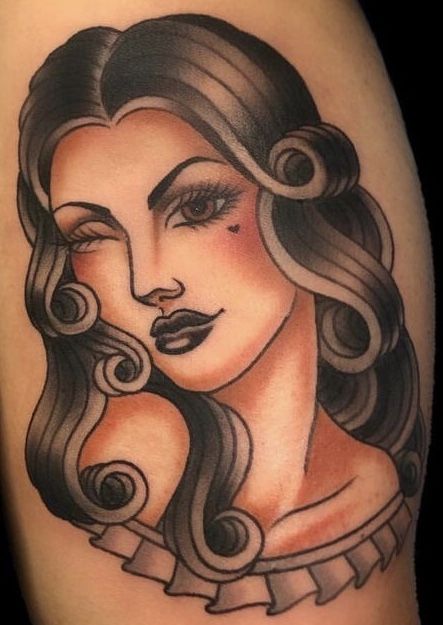 Old School Woman Tattoo, Traditional Woman Face Tattoo, American Traditional Portrait, Lady Portrait Tattoo, American Traditional Lady Head, Traditional Tattoo Nurse, American Traditional Woman, Traditional Tattoo Woman Face, Traditional Tattoo Pin Up