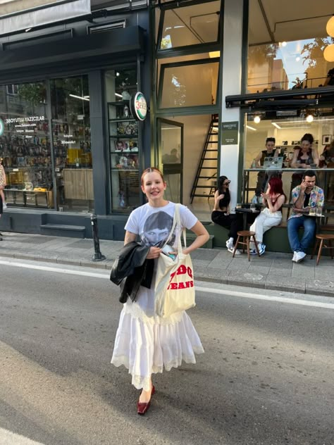 Ballet Flat Mary Janes, Long Skirt Ballet Flats, Red Mary Janes Aesthetic, Red Mary Janes Outfit Aesthetic, Skirt And Ballet Flats Outfit, Flat Mary Janes Outfit, Ballet Flats With Skirt, Mary Jane Flats Outfits, White Flat Shoes Outfit