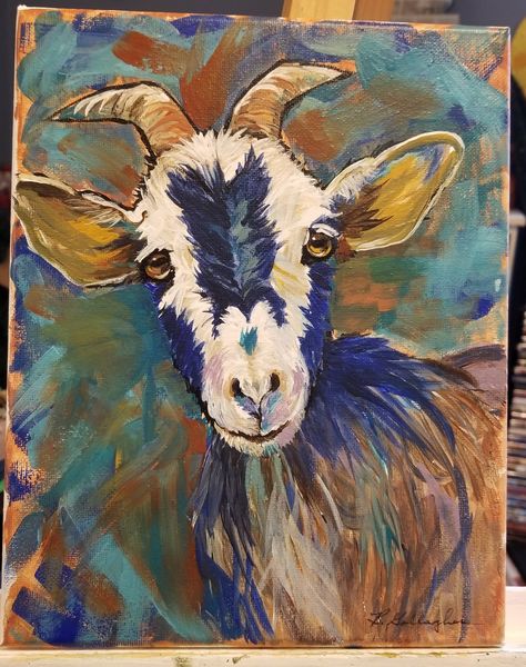 Farmhouse Animal Paintings, Farm Animal Canvas Painting, Goat Decor, Goat Paintings, Farm Animal Paintings, Face Oil Painting, Colorful Animal Paintings, Painted Animals, Animal Canvas Paintings