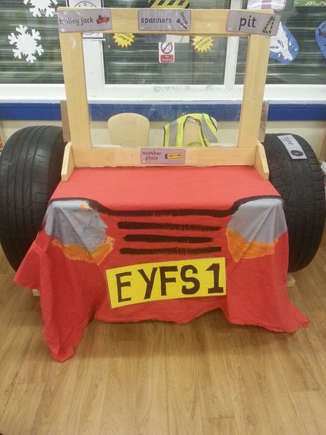 Mechanics/garage role play area Farm Role Play Area Eyfs, Farm Eyfs, Eyfs Transport, Transport Eyfs, Preschool Dramatic Play, Transport Activities, Mechanics Garage, Auto Mechanics, Community Helpers Theme