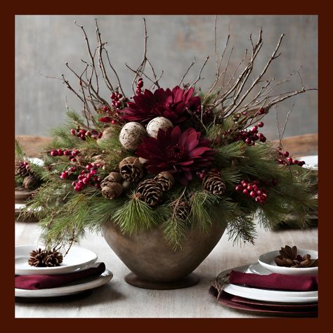 Burgundy Forest Merlot Christmas Centerpiece Flower Delivery to Storrs – Found Florist Farm, LLC Burgundy Fall Centerpieces, Burgundy And Blue Christmas Decor, Evergreen Table Decor, Large Christmas Centerpieces For Table, Colorful Christmas Centerpieces, Christmas Arrangements Rustic, Winter Flower Decor, Christmas Wreath Centerpiece, Winter Flower Centerpieces