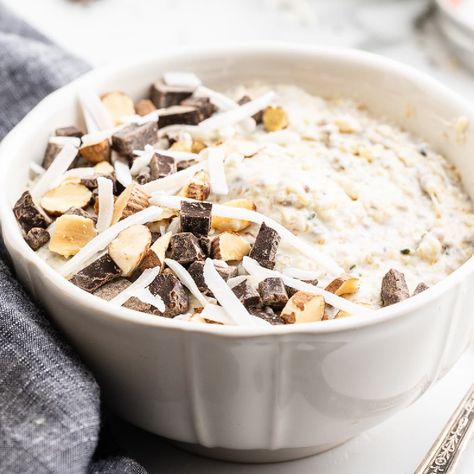 Keto Almond Joy Overnight Oatmeal in a white bowl on a white marble counter. Keto Almond Joy, Keto Oatmeal, Breakfast And Brunch, Ideal Protein, Overnight Oatmeal, Almond Joy, White Bowl, Marble Counter, Keto Recipes Dinner