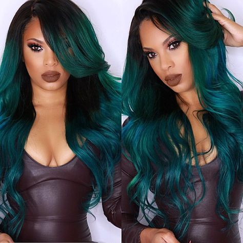 9,354 Me gusta, 601 comentarios - Raschelle msroshposh (@msroshposh) en Instagram: "💙💙💚 Aquamarine or Super hero Bad 💁" Goddess Beauty, Ombre Dark, Hair Colorful, Green Wig, Long Curly Wig, Black Wig, Ombre Hair Color, Hair Color Balayage, Synthetic Lace Front Wigs