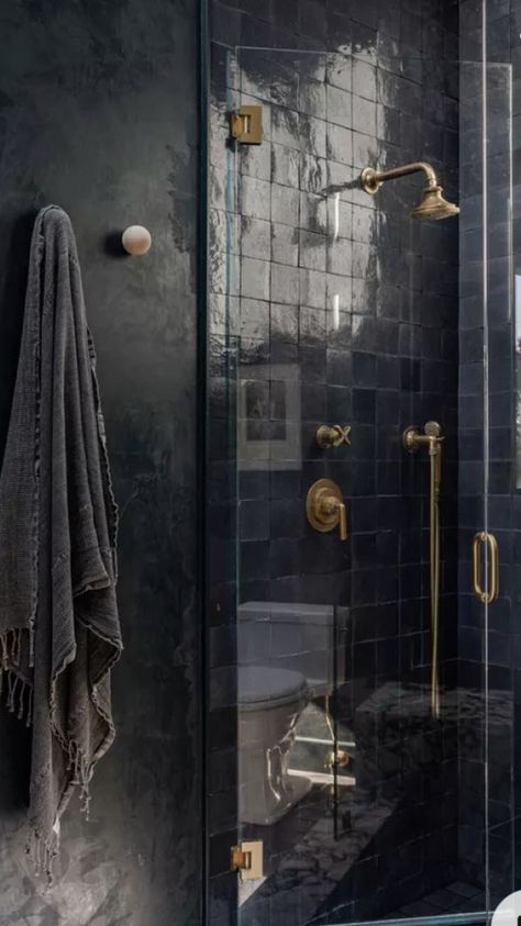 Black Zellige Bathroom, Black White And Brown Bathroom Master Bath, Black Zellige Tile Bathroom, Industrial Bathroom Tiles, Black Tile Shower Ideas Master Bath, Black Bathroom Tile Ideas, Black Wall Tile Bathroom, Tiles Shower Ideas, Black Tile Bathroom Wall