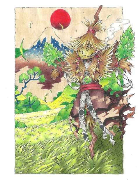 Kuebiko, Straw Prince of Knowledge by AtmaFlare on DeviantArt God Of Knowledge, Japanese Mythology, Eastern Art, Fantasy Creatures Art, Folk Tales, Creature Art, Scarecrow, Fantasy Creatures, Agriculture