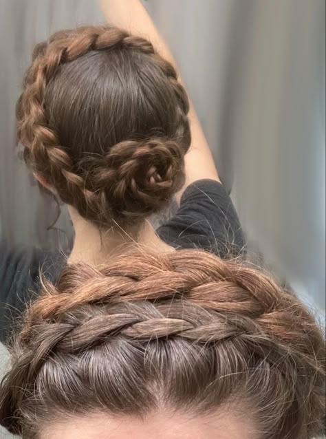 Fancy updo for really long hair. Braided crown with flower braid. Braid Crown Front View, Wreath Braid Hair, Really Long Hair Updo, Crown Braid For Long Hair, Princes Hair Styles, Rose Braid Hair, Braided Up Do, Ribbon Braided In Hair, Majestic Hairstyles