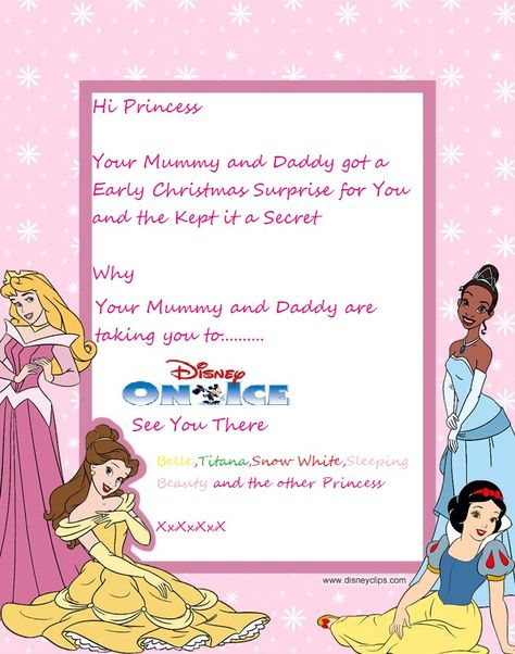 what about a surprise letter from the princess about her surprise to Disney on ice Disney On Ice Elf On The Shelf, Disney On Ice Surprise Ideas, Sweet Packets, Surprise Ideas, Elf Games, Xmas Gift Tags, Disney Musical, Elf Activities, Disney On Ice