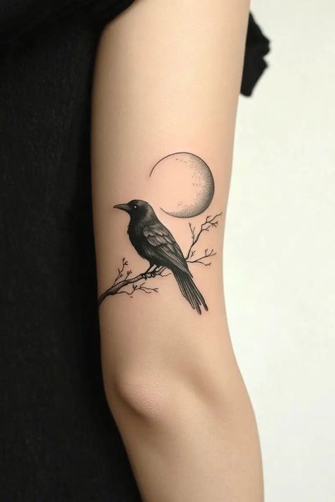 Crow Goddess Tattoo, Crow Woman Tattoo, 3 Ravens Tattoo, Raven Wrist Tattoos For Women, Tiny Raven Tattoo Simple, Delicate Crow Tattoo, Raven With Moon Tattoo, Witchy Shoulder Tattoos For Women, Crow Moon Tattoo