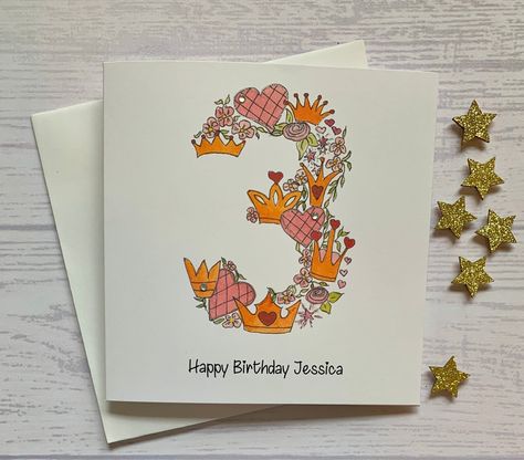 Excited to share this item from my #etsy shop: Princess personalised 3rd birthday card . Cartoon style watercolour illustration of the number 3 embellished with silver metallic detail. 3rd Birthday Card, Princess Card, Happy Birthday Princess, Beautiful Birthday Cards, Homemade Greeting Cards, Watercolour Illustration, Beautiful Handmade Cards, Kids Birthday Cards, Whimsical Illustration