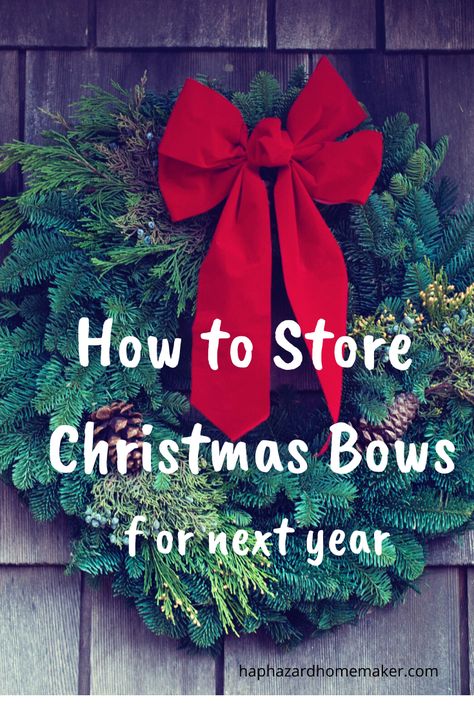 Easy way to pack and store Christmas bows so they are fresh looking and ready to use when unpacked for the next year. #christmasdecorations #haphazardhomemaker Storing Wreaths In Garage, How To Store Wreaths, Bow Storage, Wreath Storage, Christmas Tree Bows, Organize Everything, Outdoor Wreaths, Holiday Bows, Large Wreath