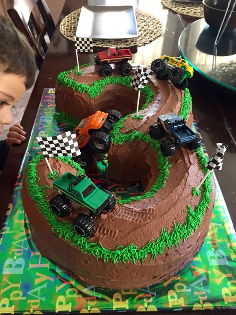 Monster truck cake 3 years old Truck Birthday Cake Ideas, Monster Truck Birthday Cake, Truck Birthday Cake, Monster Jam Birthday Party, Monster Jam Birthday, Truck Birthday Cakes, Blaze Birthday, Monster Truck Cake, Truck Cake