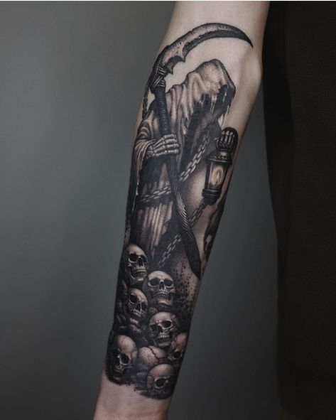 Reaper Arm Tattoo, Outer Forearm Tattoo, Tattoo Red, Grim Reaper Tattoo, Rose Tattoos For Men, Skull Sleeve Tattoos, Reaper Tattoo, Skull Sleeve, Tattoo Forearm