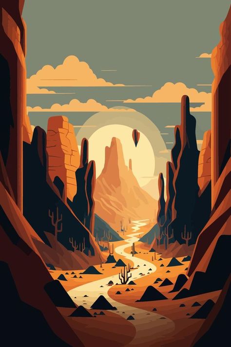 Illustration Landscape Art, Desert Mountain Art, Arizona Landscape Paintings, Arizona Graphic Design, Landscape Vector Art, Grand Canyon Illustration, Monument Valley Art, Desert Landscape Illustration, Desert Digital Art