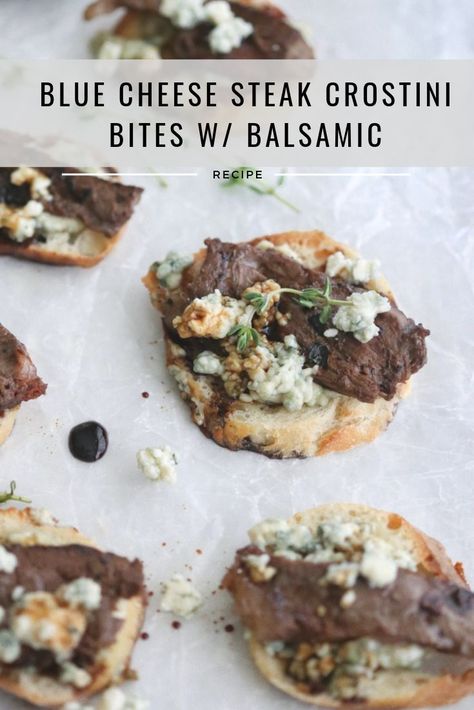 Blue Cheese Steak Crostini Bites [ad] @stellacheese #appetizers #bluecheese Steak And Blue Cheese Crostini, Blue Cheese Steak, Steak Crostini, Steak With Blue Cheese, Crostini Appetizers, Balsamic Recipe, Cheese Steak, Meat Appetizers, Cheese Appetizers