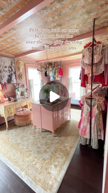 Emily Schmidt Riddle | KY Decorator + Cozy Vintage Home Inspo on Instagram: "Old houses don’t have good closet space but they do have lots of random rooms for you to make into your very own dressing room 🤷🏻‍♀️👗💕 I gave this space a makeover last year and still have a couple projects to finish this year. The wallpaper on the ceiling was zero fun to install but it makes the room (I’m hiring that out next time though 🤣). THE VANITY was a Facebook marketplace find of the century and my sweet parents drove out of their way to pick it up for me (in Alabama 😬🤦🏻‍♀️), my dad was thrilled! And we had to have a major ode to Dolly in here because she’s my inspo getting dressed every day 💕 #gatheredlivinghome #gatheredlivingfixerupper 
.
.
.
.
#dressingroomgoals #dressingrooms #dressingroom #d Bedroom Converted To Closet, Vintage Dressing Rooms, Dream Dressing Room, Dressing Room Closet, Wallpaper Ceiling, Room Goals, Room Closet, Closet Space, Dressing Room