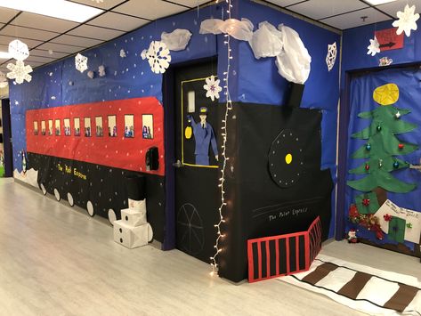 Christmas Train Bulletin Board Ideas, Polar Express Train Door Decorations, The Polar Express Christmas Decorations, Polar Express Decorating Ideas, Christmas Door Decorating Contest Polar Express, Door Decorations Classroom Christmas Polar Express, Polar Express Wall Decorations, North Pole School Hallway Decorations, Christmas School Hallway Ideas