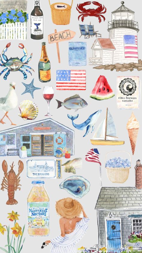 lobster, watermelon, crab, whales, lighthouse, oysters, ice cream, beach, summer, wallpaper, collage Beach Summer Wallpaper, Watercolor Art Nature, Coastal Collage, Ice Cream Beach, Ocean Watercolor, Coastal Aesthetic, Wallpaper Collage, Summer Wallpaper, Sea Beach